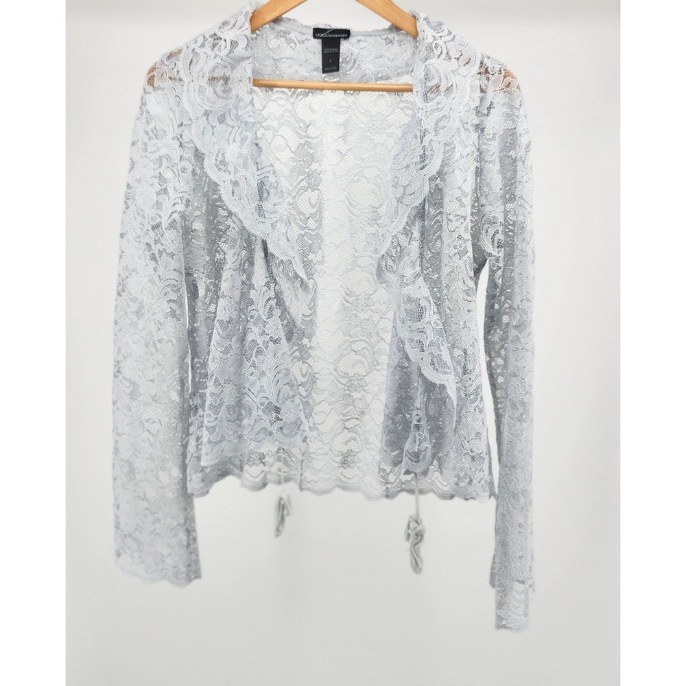 Vintage Moda International Blue Floral Lace Ruffle Open Front Cardigan Y2K LG US
